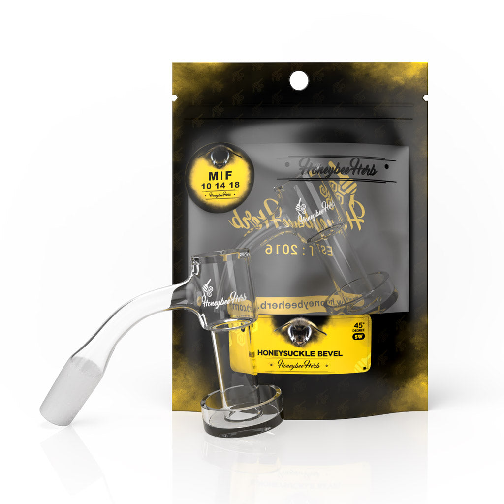 Honeybee Herb Honeysuckle Bevel Quartz Banger at 45° angle, clear, in packaging