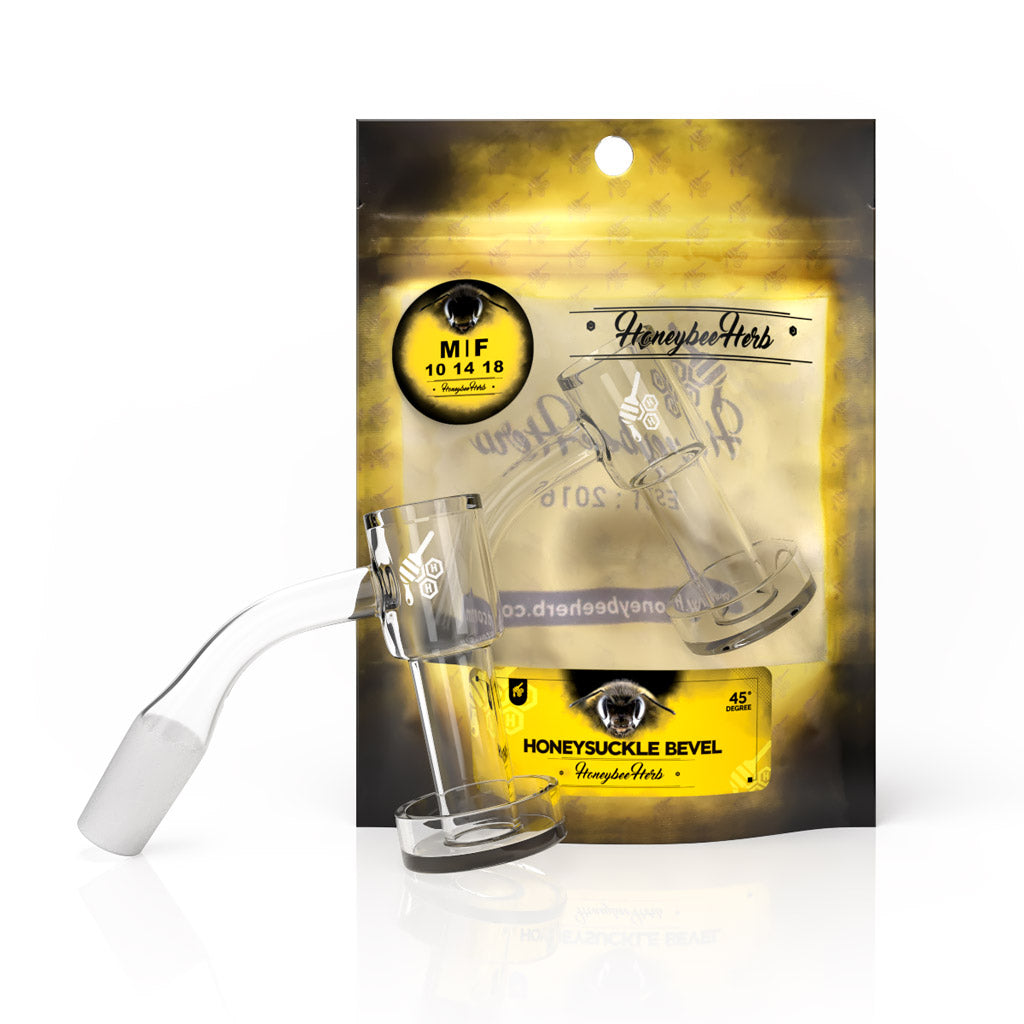 Honeybee Herb Honeysuckle Bevel Quartz Banger at 45Β° angle, clear, on retail packaging