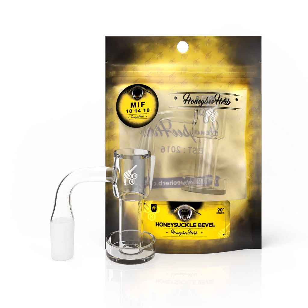 Honeybee Herb Honeysuckle Bevel Quartz Banger at 90° angle, clear, for dab rigs, on packaging