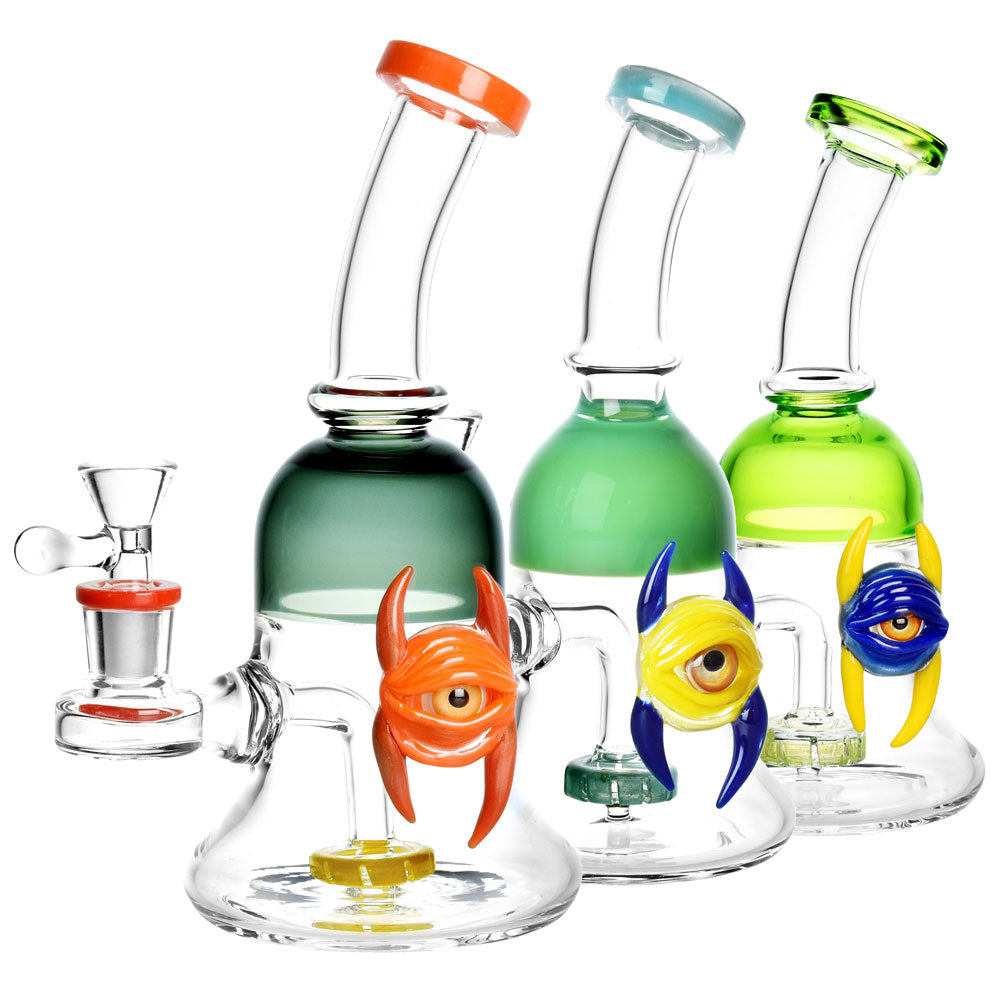 Colorful Horned Eye Bell Style Water Pipes with Showerhead Percolator, 9" Height, Side View