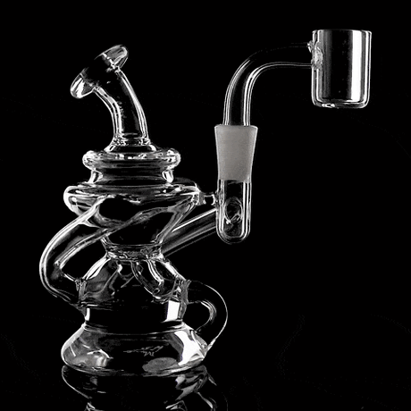 MJ Arsenal Hydra Mini Dab Rig with banger hanger and recycler design, clear borosilicate glass, 90-degree joint