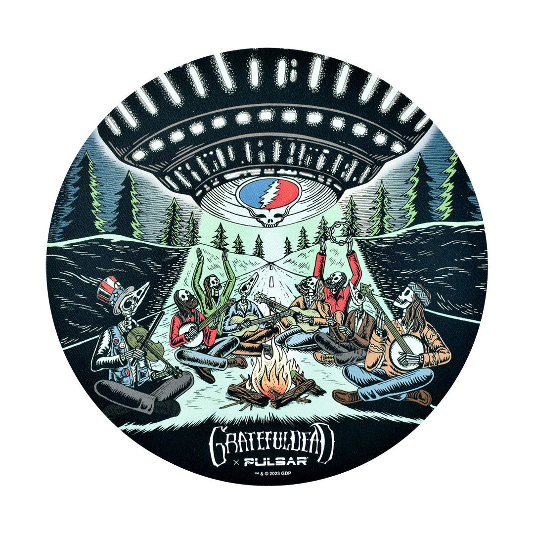 Grateful Dead themed round dab mat with vibrant forest and UFO design, made of durable vinyl.