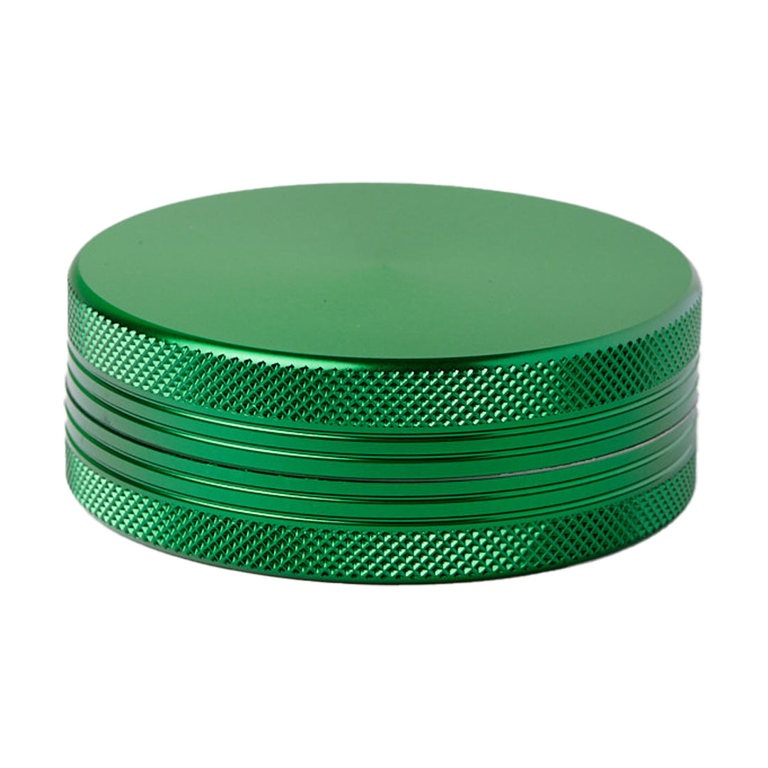 Medusa Customs Flat Grinder in Vibrant Green - Front View with Fine Textured Grip