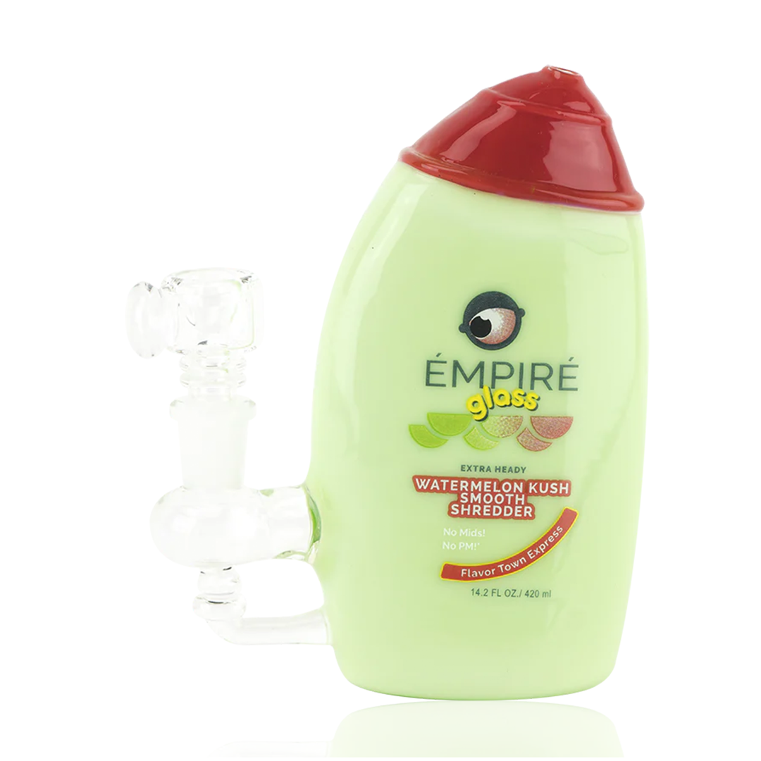 Empire Glassworks Mini Rig designed as Watermelon Kush Shampoo bottle, front view on white background
