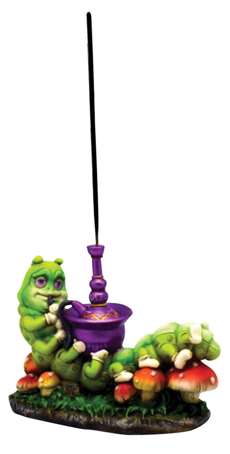 Polyresin Smoking Caterpillar Incense Burner with colorful mushroom details, front view
