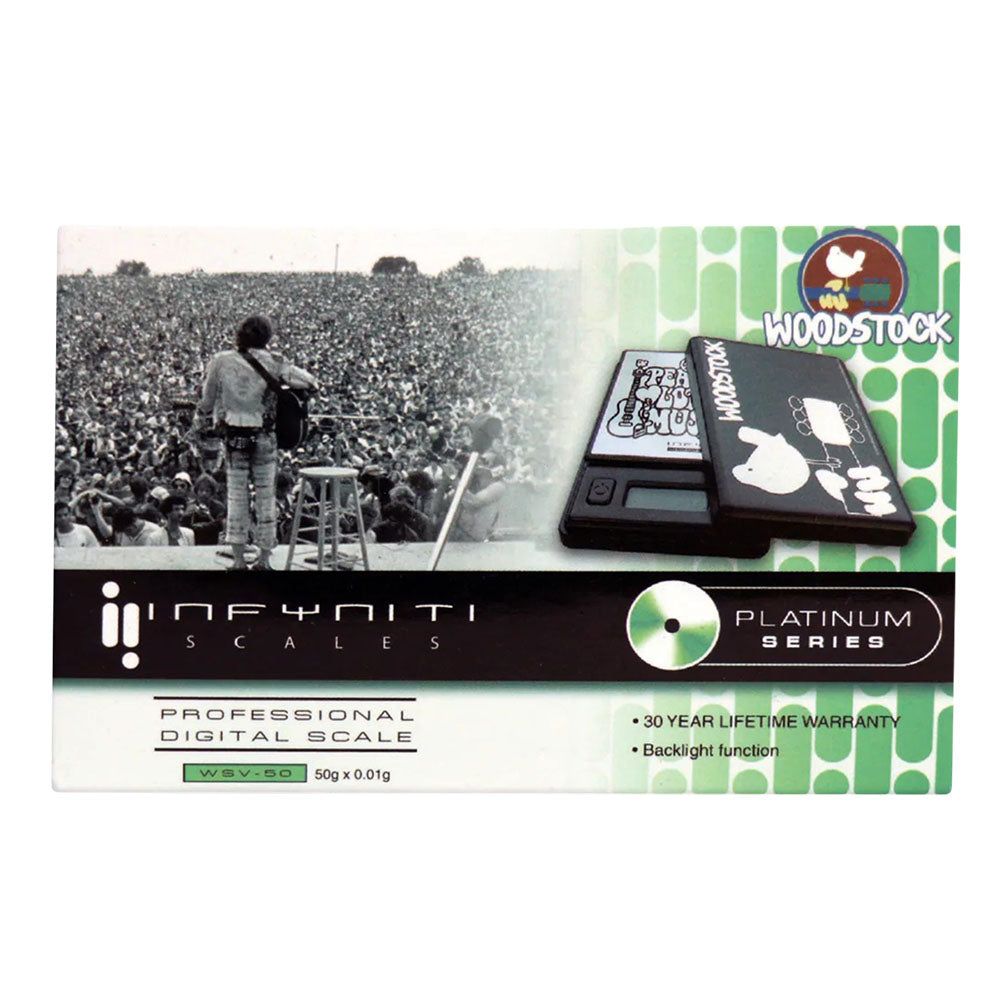 Infyniti Woodstock Virus Digital Pocket Scale, 50g x 0.01g accuracy, front view on packaging