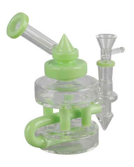 Compact Inline Glass Water Pipe with green accents, 90-degree joint, and in-line percolator