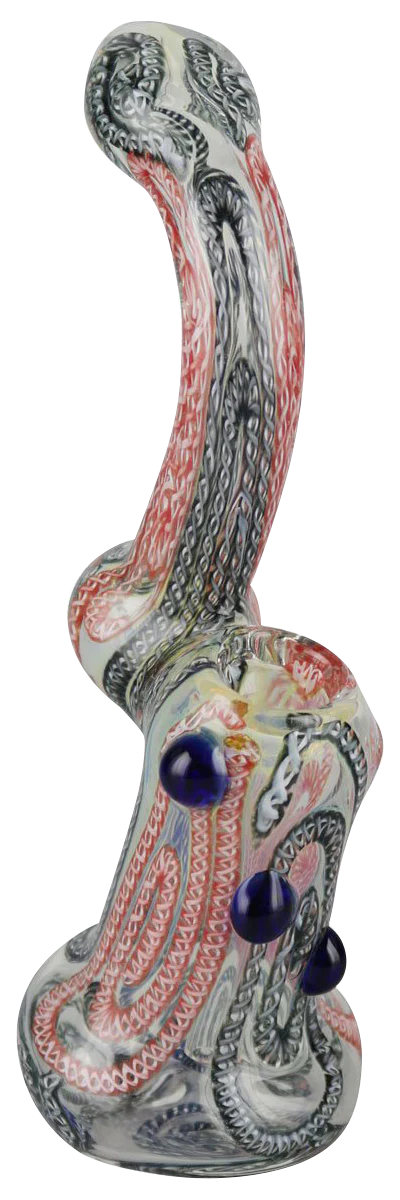Colorful 7" Inside Out Worked Bubbler, Borosilicate Glass, Angled Side View for Dry Herbs