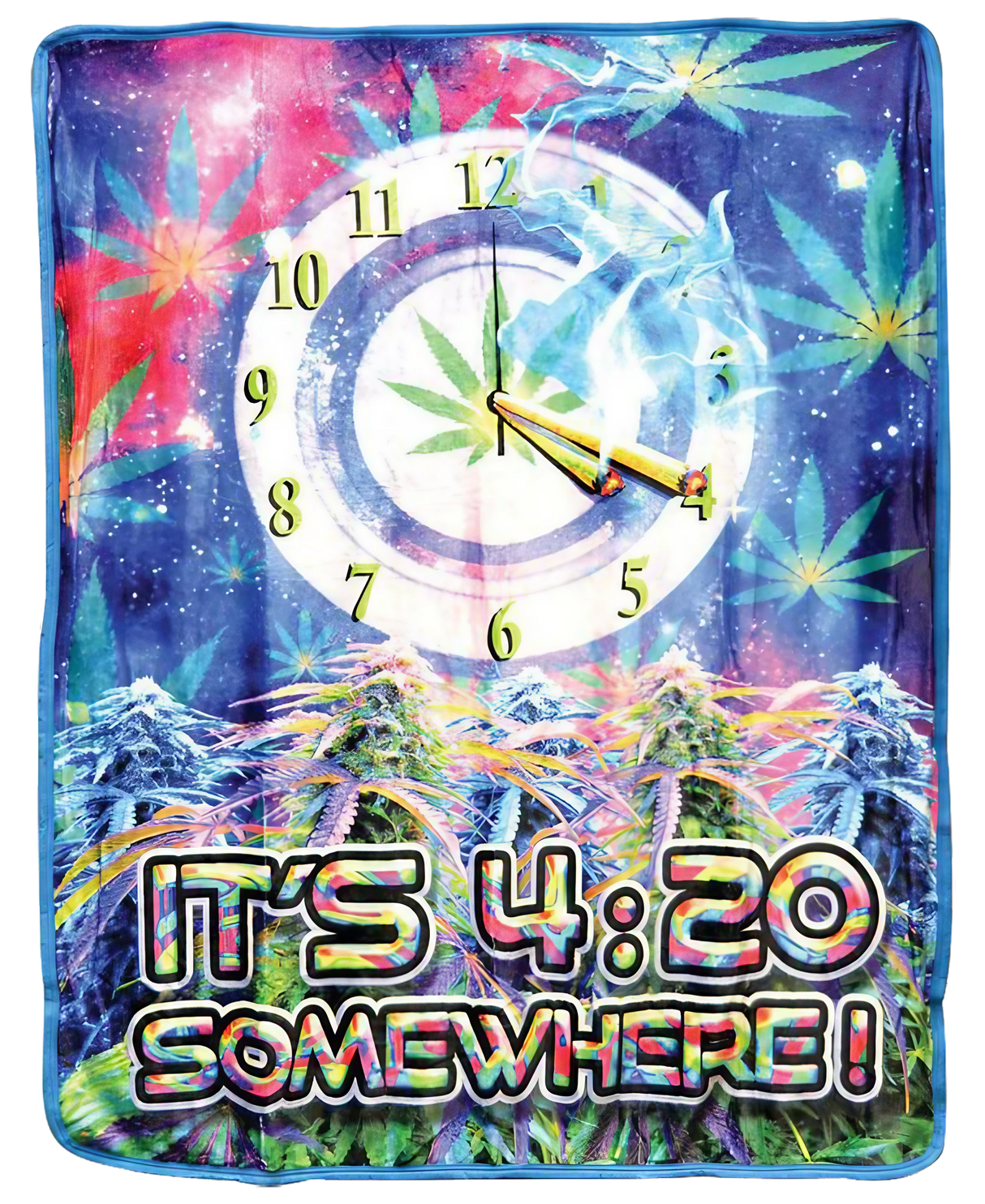 Colorful 'It's 4:20 Somewhere' fleece blanket with psychedelic design, 50" x 60", by Nu Trendz.