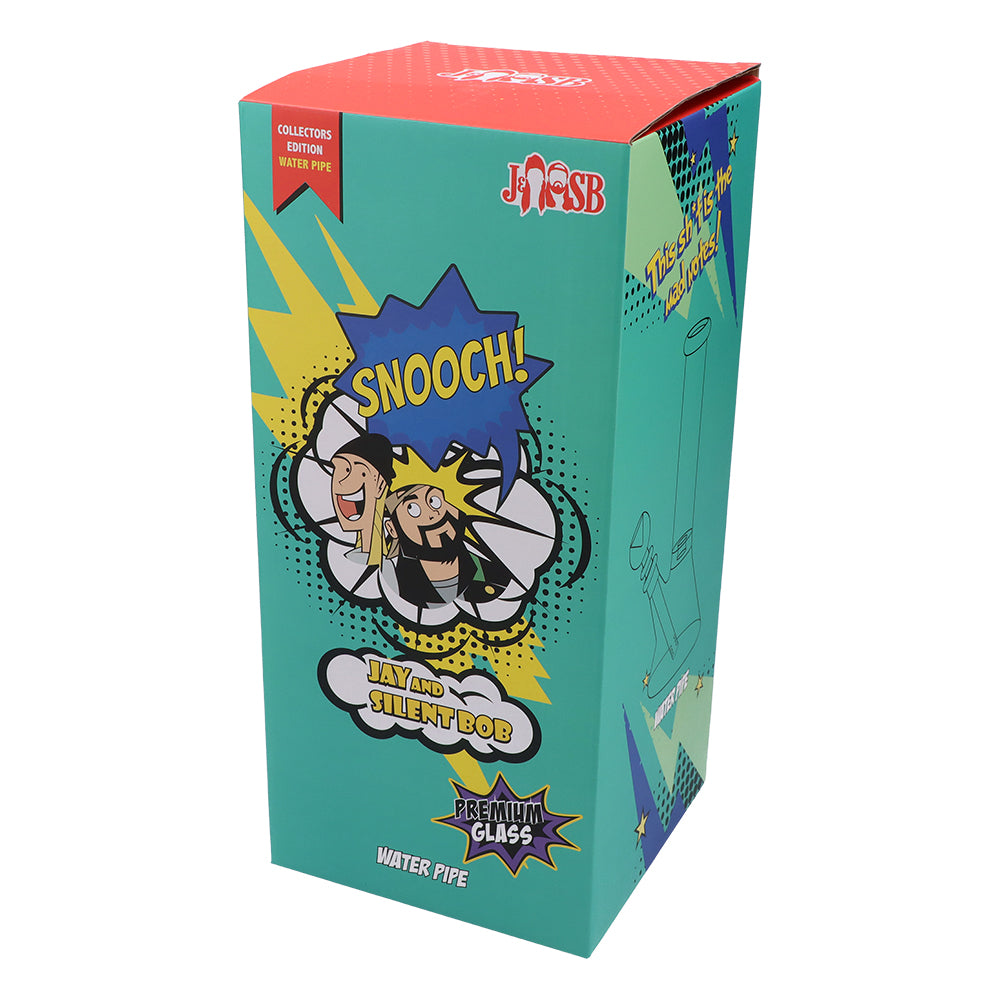 Jay & Silent Bob themed 12" beaker water pipe in branded box, front view, ideal for dry herbs
