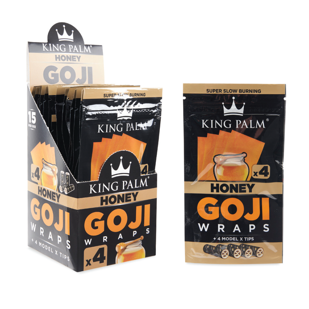 King Palm Honey Goji Wraps on display, featuring super slow burning papers with model X tips.