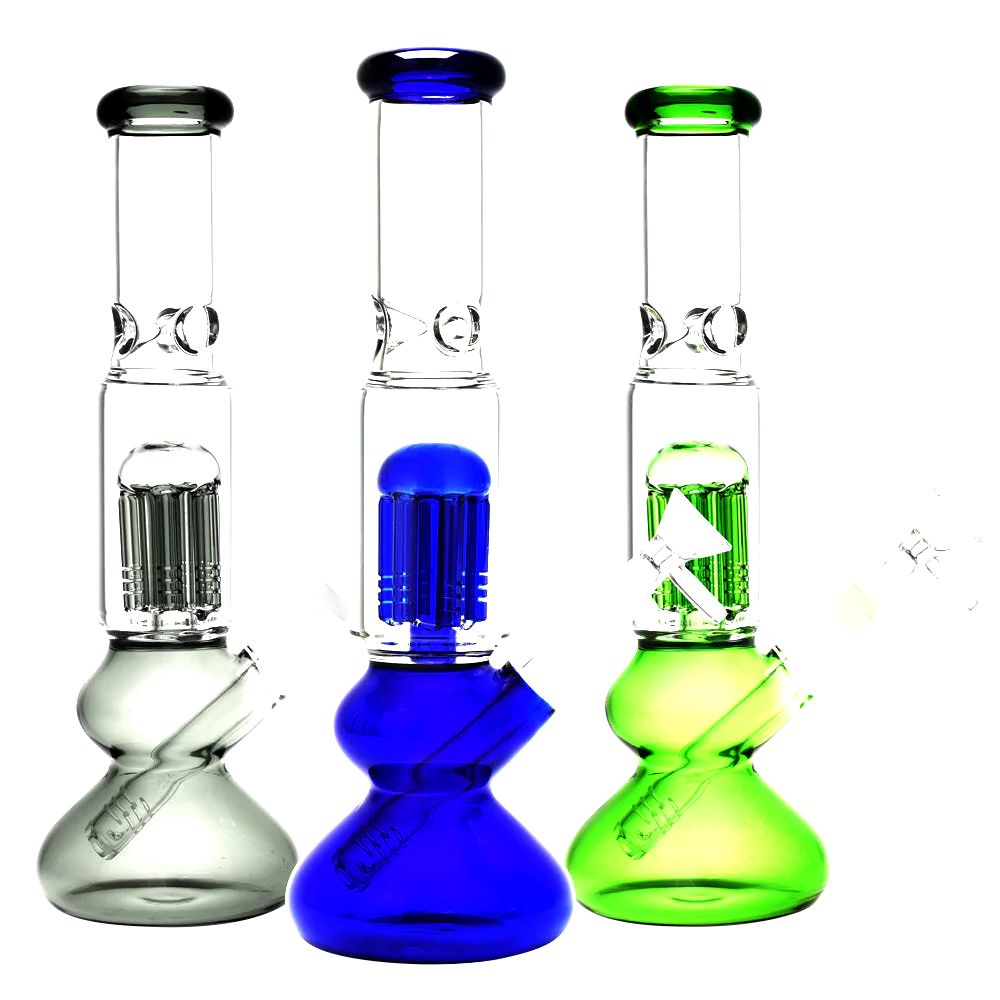 Trio of Jellyfish Bauble Water Pipes in clear, blue, and green, with percolators and angled joints