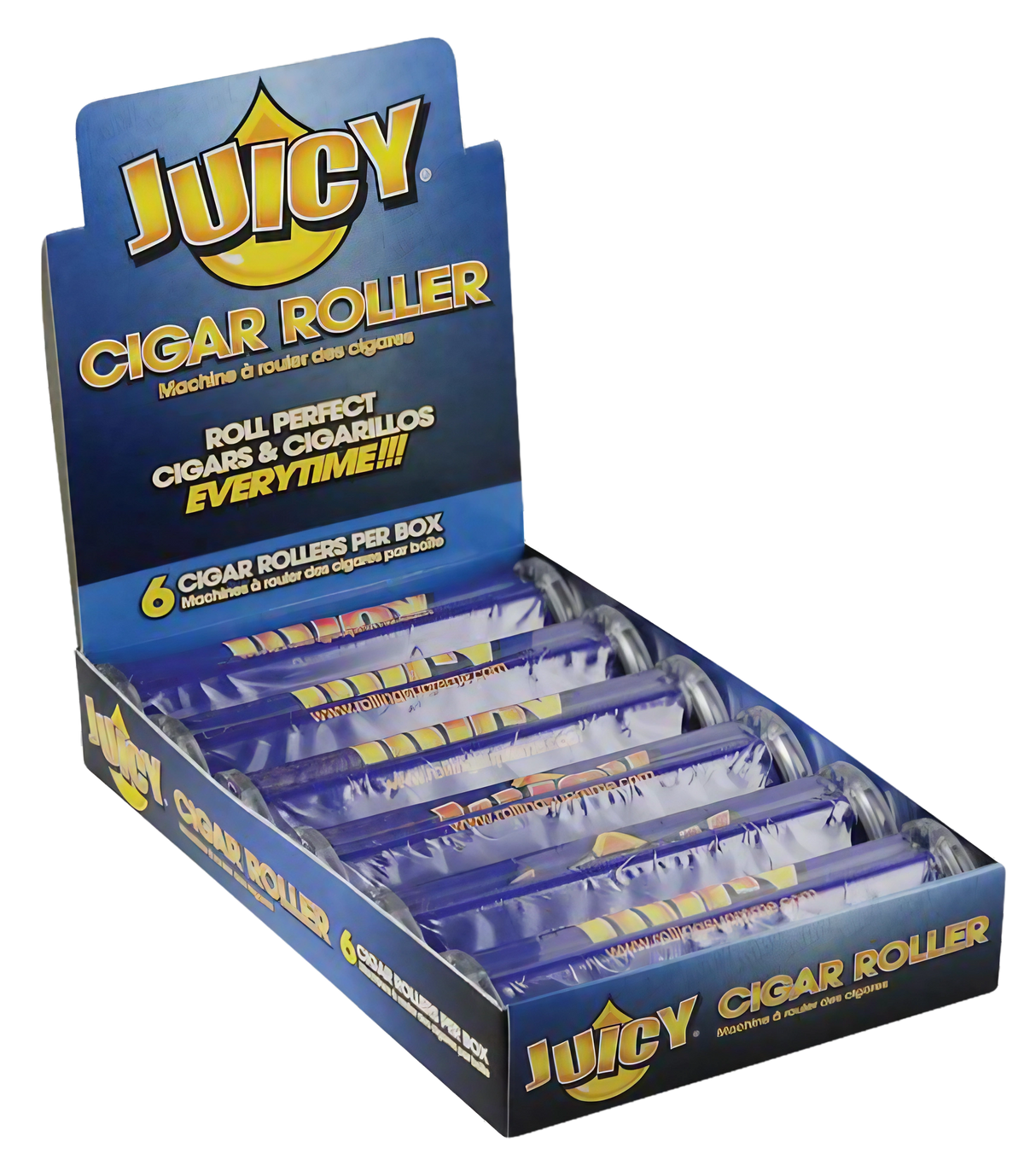 Juicy Jays 125mm Cigar Hand Roller 6-Pack displayed in open box, perfect for rolling cigars