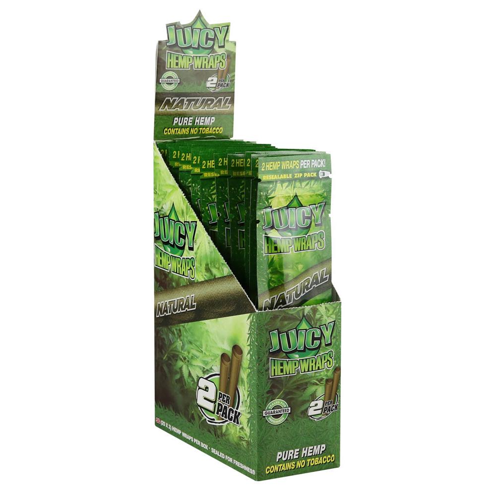 Juicy Jays Hemp Wraps 25 Pack display box with 2 natural hemp rolling papers visible
