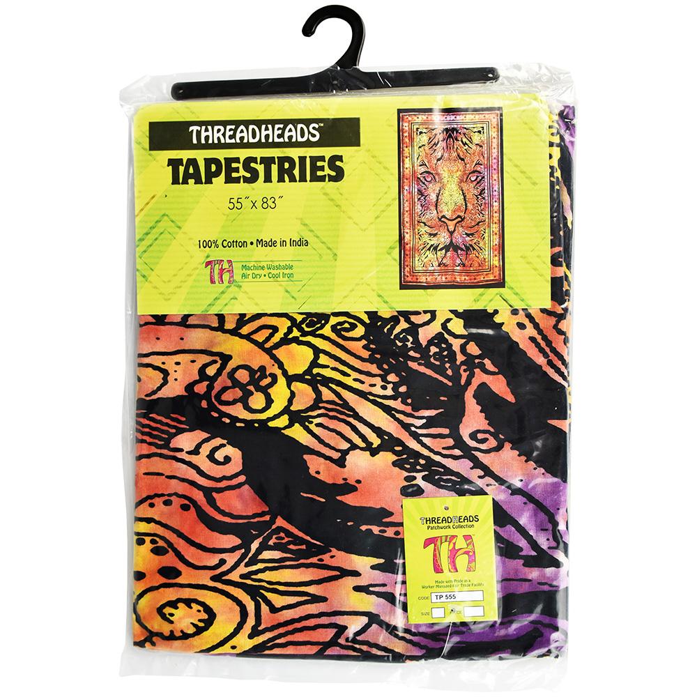 Jungle King Lion Tapestry in Tie Dye Colors, 55" x 85", Made in India, Front View on Hanger