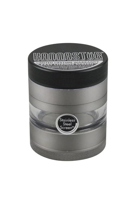 Kannastor 2.2" Gunmetal 4pc Grinder with Jar Body and Stainless Steel Screen, Front View