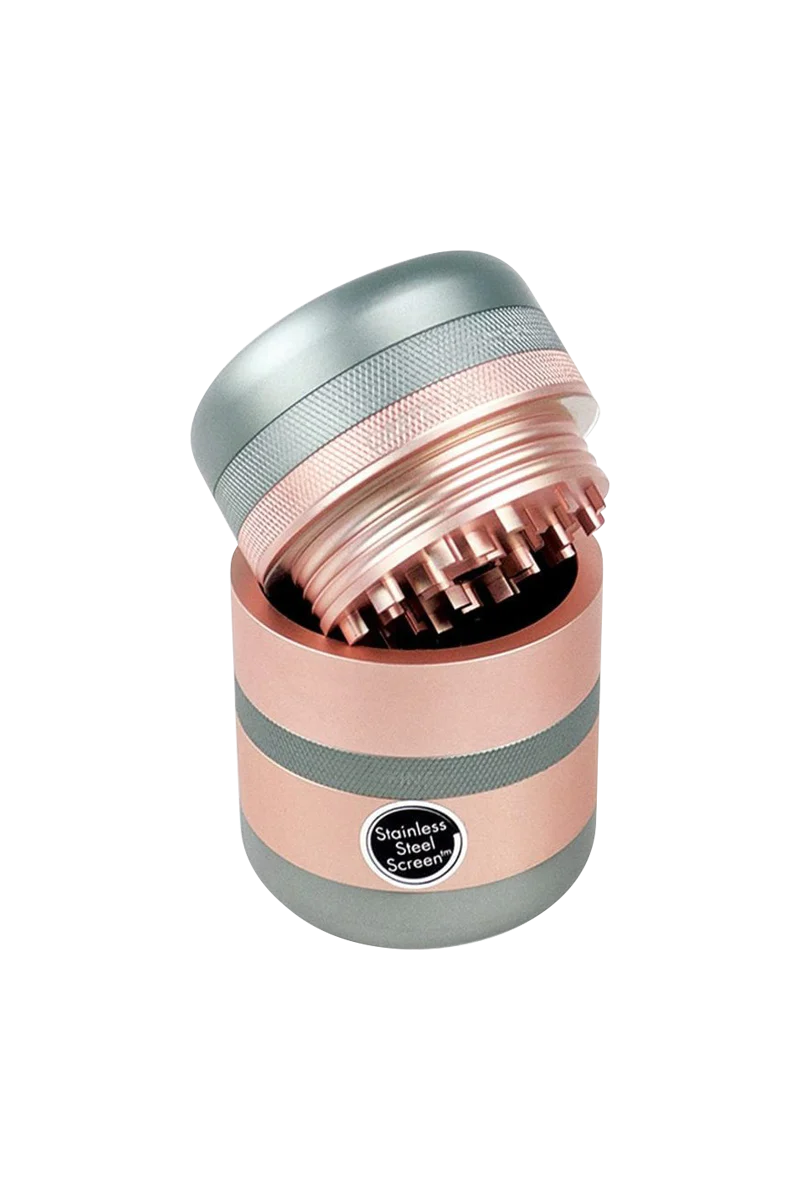 Kannastor GR8TR V2 Grinder in Rose Gold, 2.2" Solid Body, Stainless Steel Screen, Front View