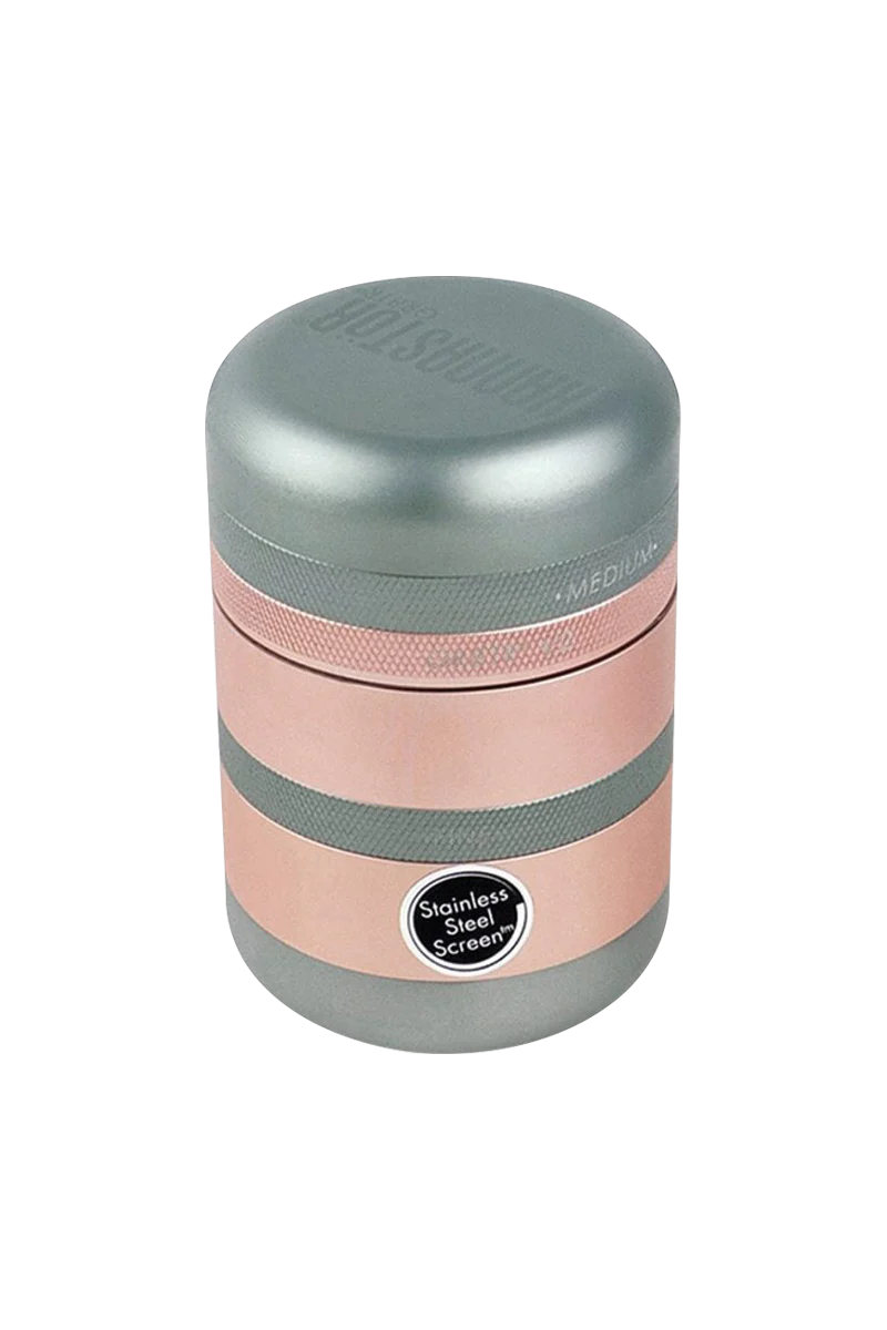 Kannastor GR8TR V2 Grinder, 2.2" solid body with stainless steel screen, front view on white