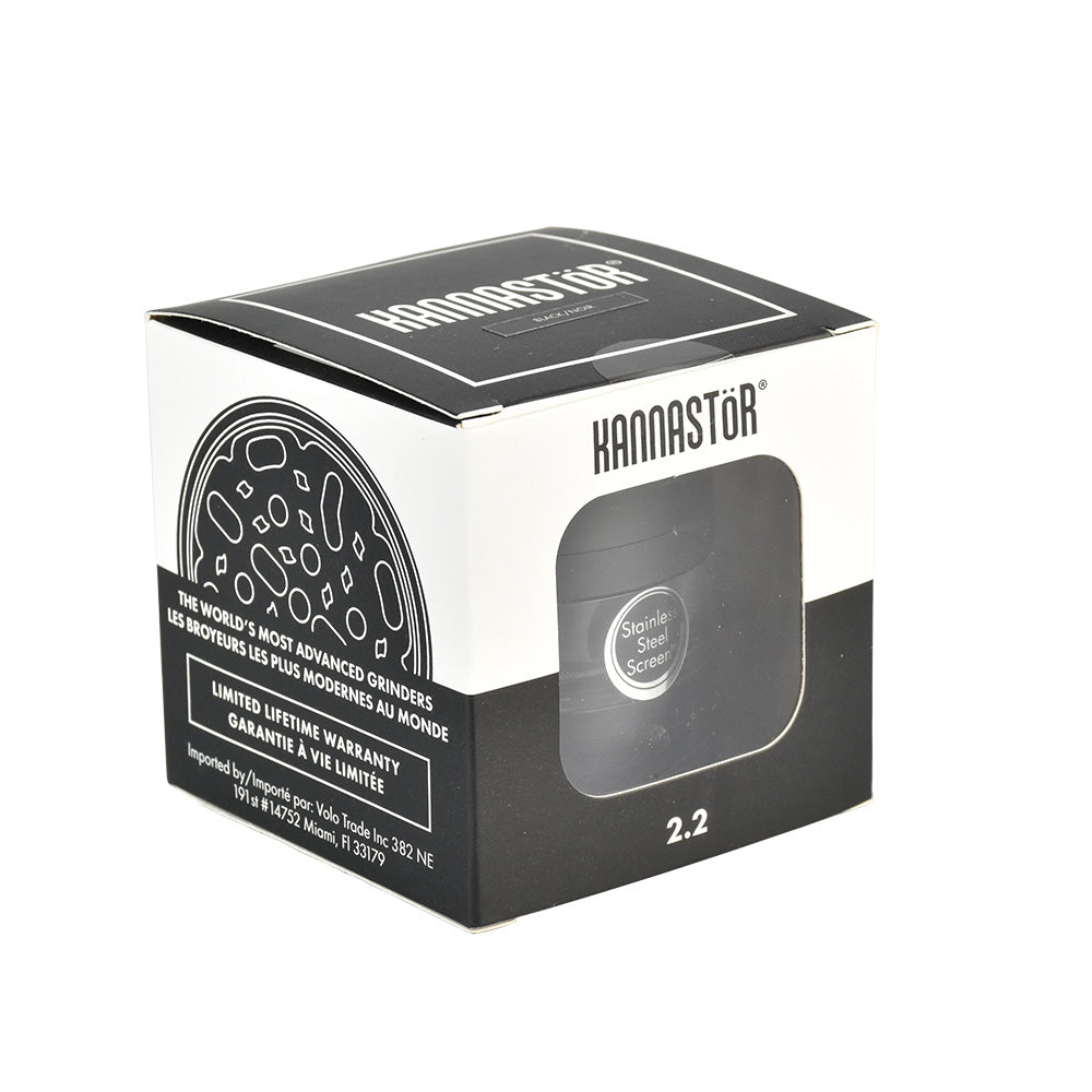 Kannastor Jar Body 4 Piece Grinder in box, front view, clear window showing product
