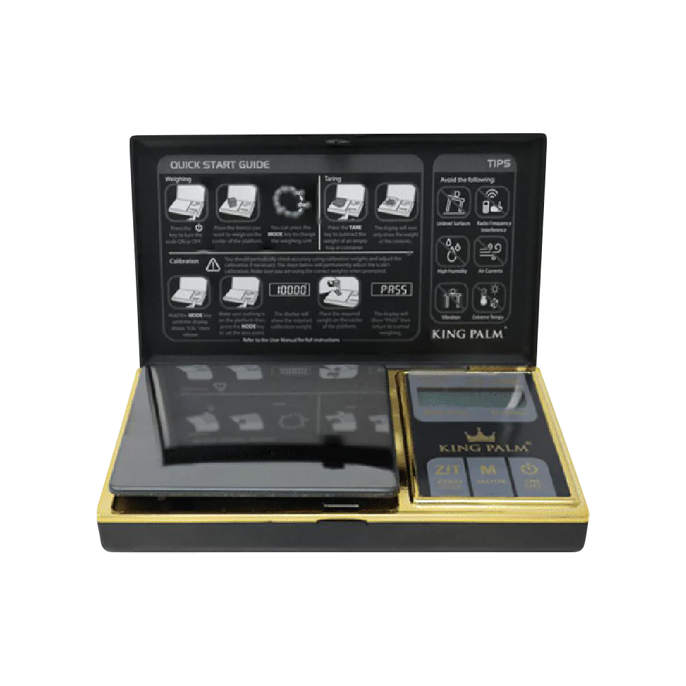 King Palm Gold-Plated Black Digital Mini Scale with 0.01 accuracy, battery-powered, pocket-size, front view
