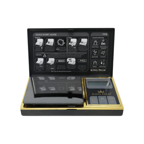 King Palm Gold-Plated Black Digital Mini Scale with 0.01 accuracy, battery-powered, pocket-size, front view