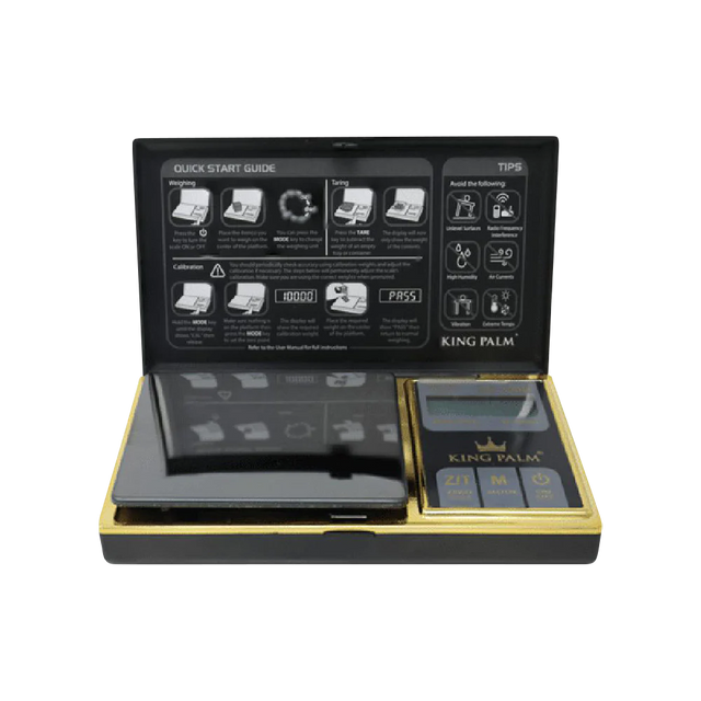 King Palm Gold-Plated Black Digital Mini Scale with 0.01 accuracy, battery-powered, pocket-size, front view