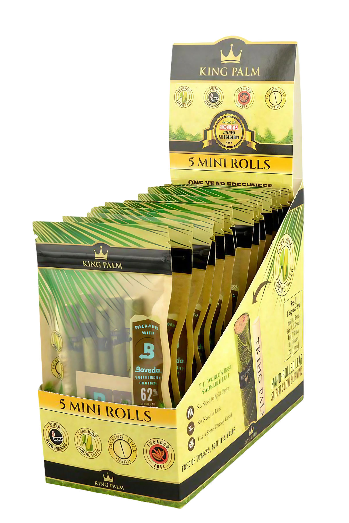 King Palm Mini Rolls Wrap Pouches 75 Pack Display Box for Dry Herbs, Front View