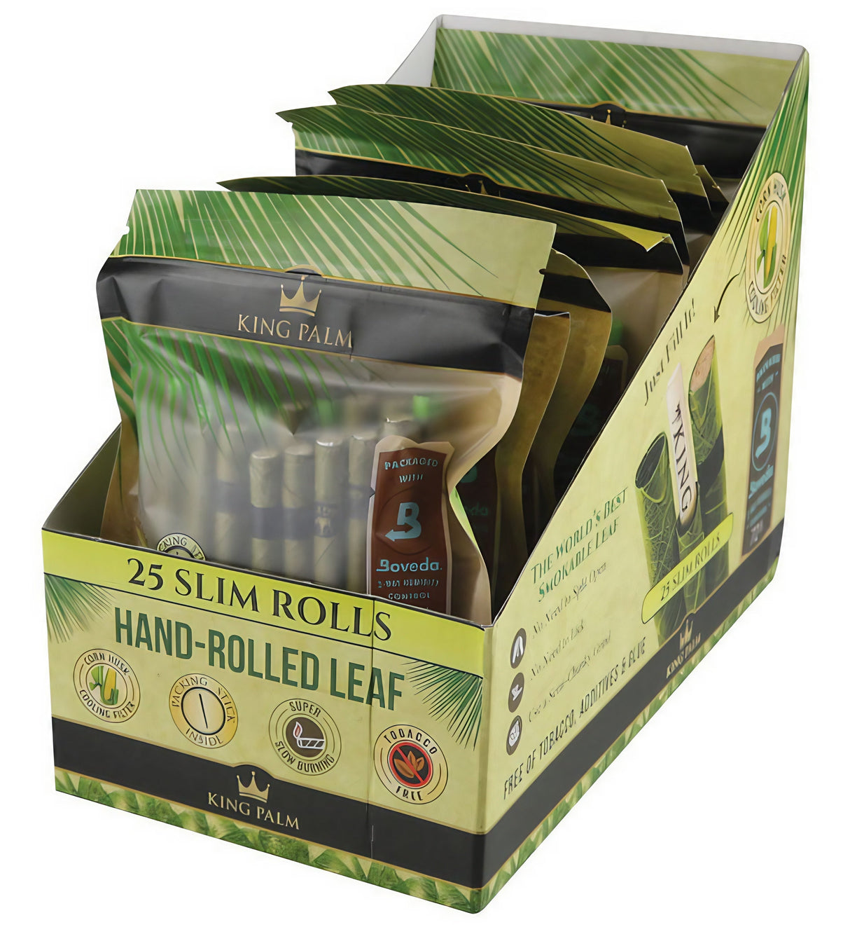King Palm Slim Pre-Rolls 25 x 8 Pack display box, front view showcasing natural leaf rolls