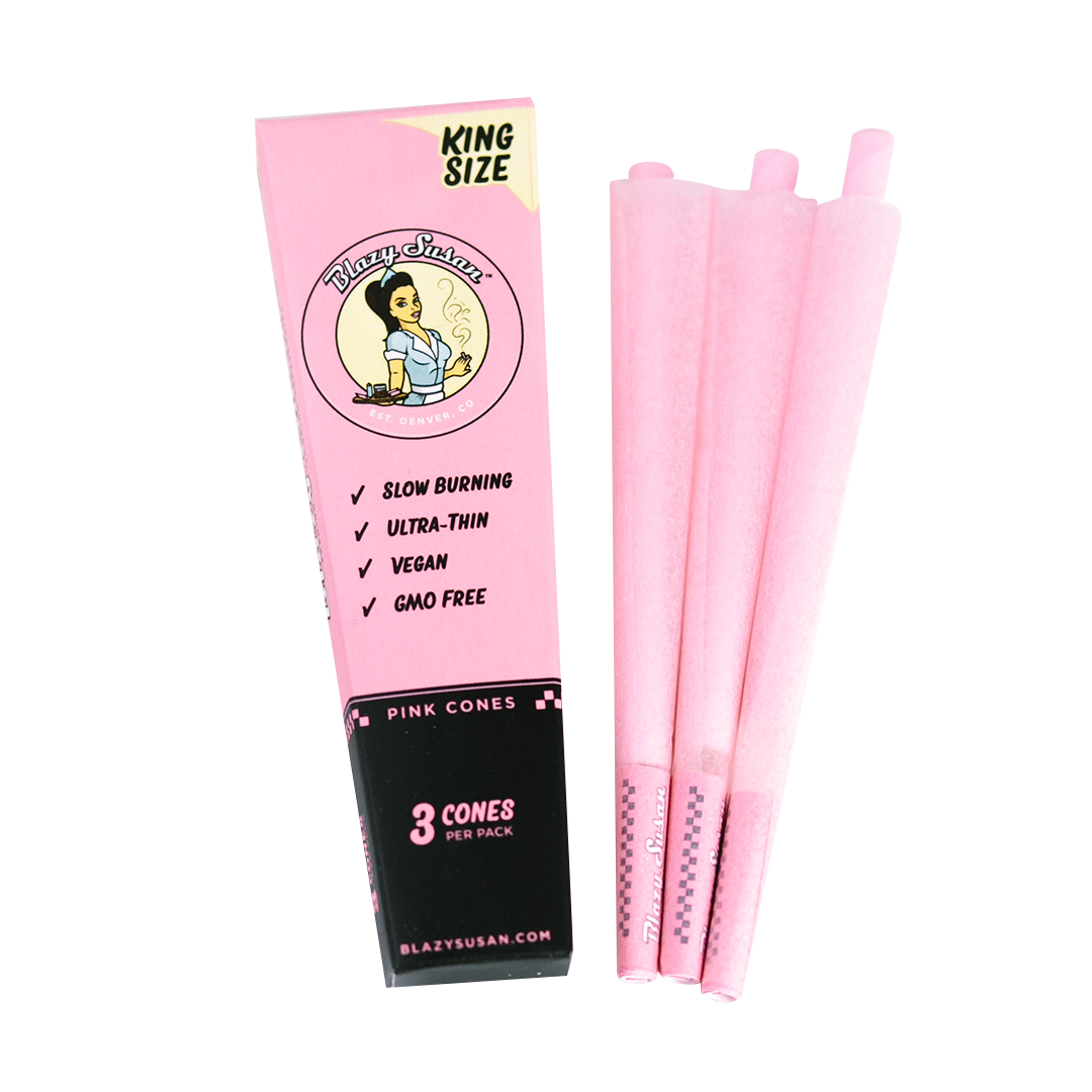 Blazy Susan Pink Paper Cones, King Size, Slow Burning, Front View with Packaging