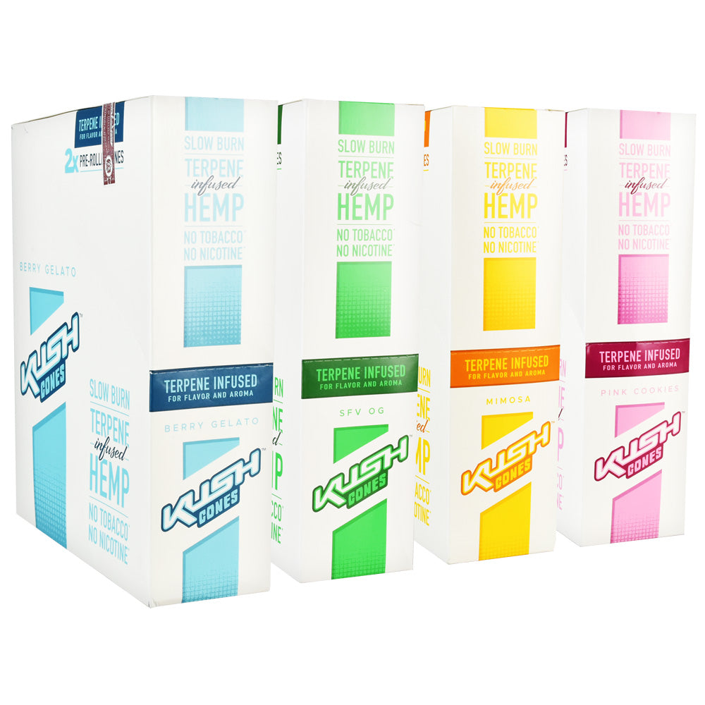 Kush Cones Terpene Infused Hemp Cones 12 Pack with various flavors front view