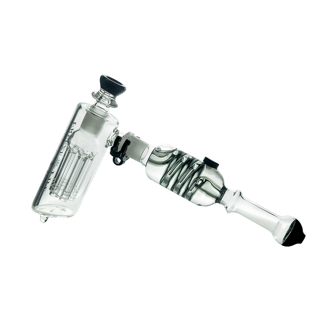 Freeze Pipe Hammer Bubbler Pro with glycerin chamber for smooth hits, clear glass, angled view