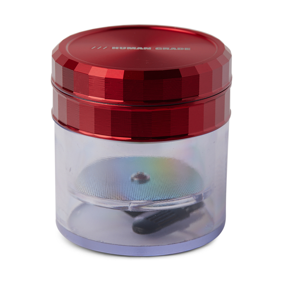 Human Grade Storage Grinder 1A in Red, 2.5" with Transparent Chamber, Front View