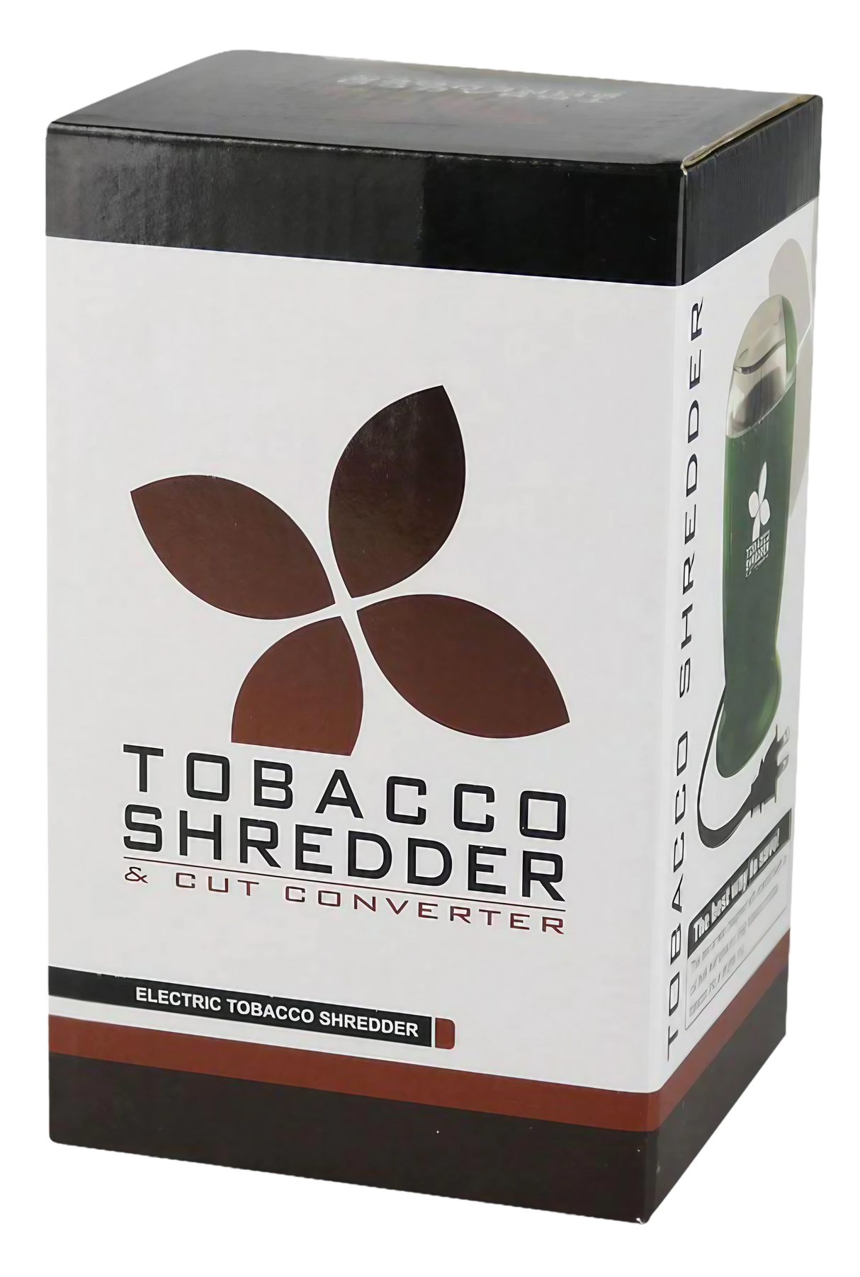 Large Electric Grinder & Shredder with Wall Plug in packaging, front and side view