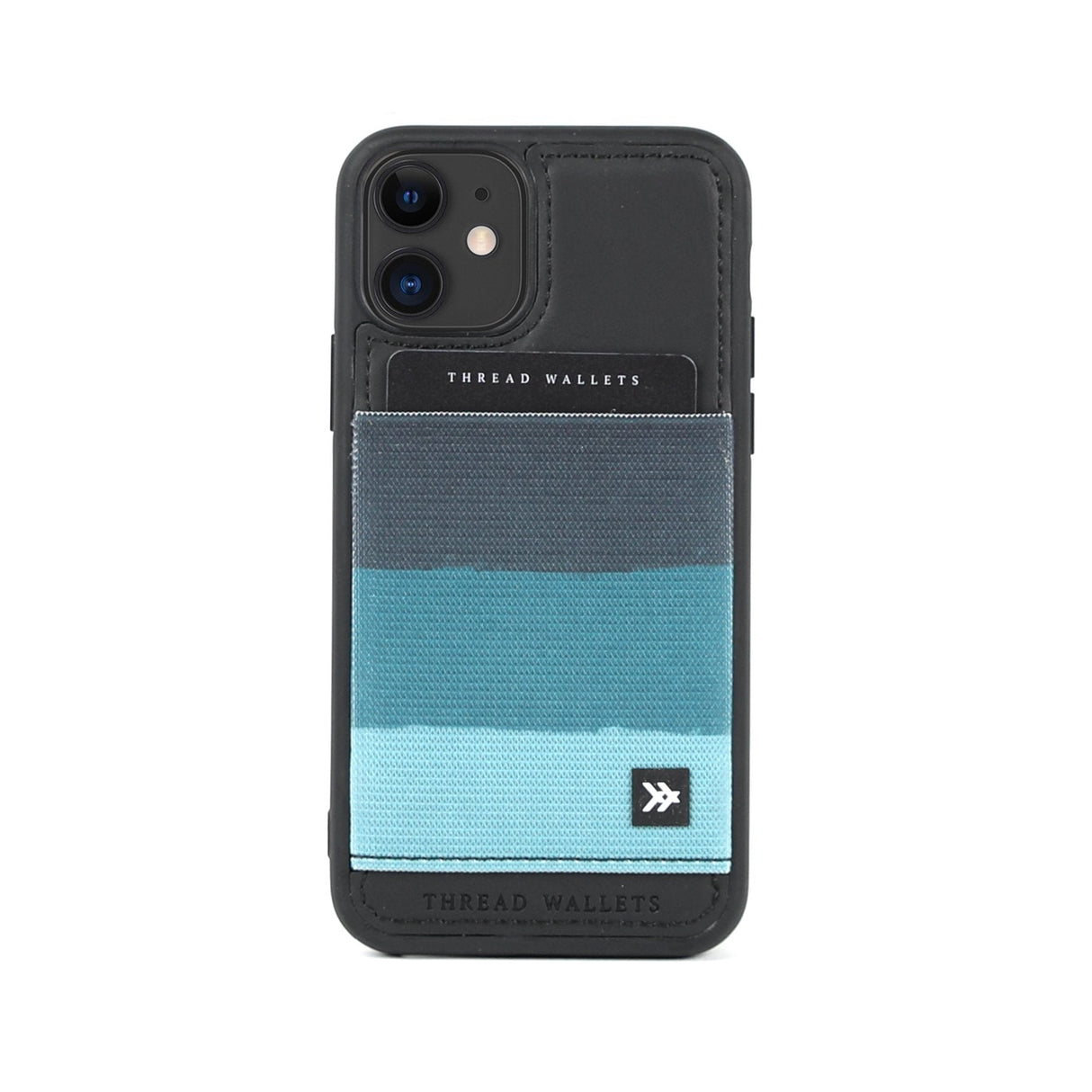 Thread Wallets elastic card holder attached to a smartphone, front view on white background