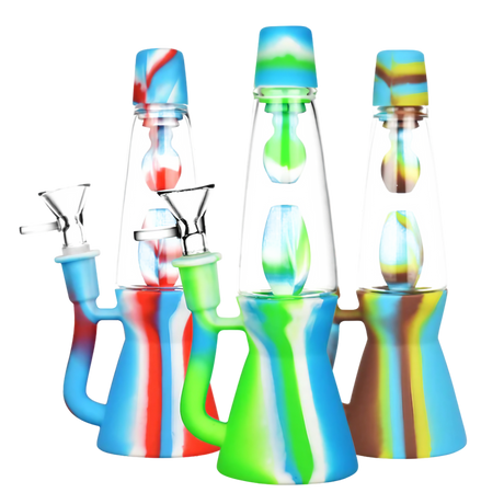 Colorful Lava Lamp Silicone Water Pipes, 8" Compact Design, Front View on White Background