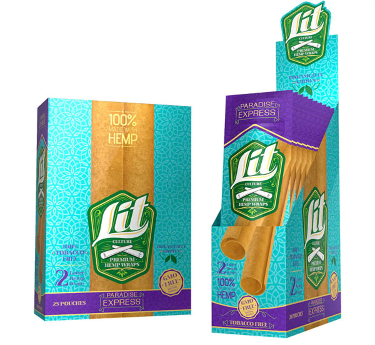 LIT Culture Hemp Blunt Wraps, 25 Pack, Paradise Express Flavor, Organic Hemp, Front and Side View