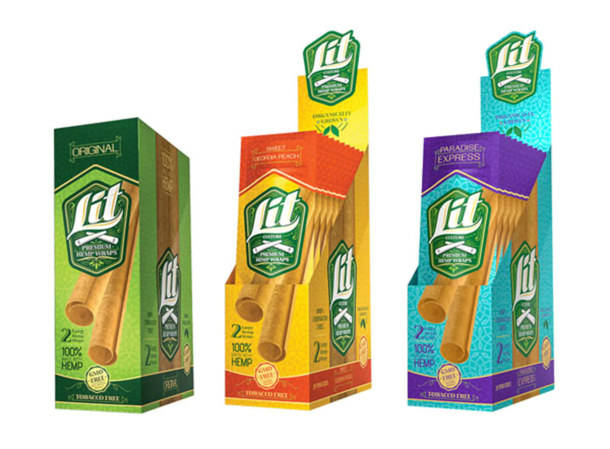 LIT Culture Hemp Blunt Wraps in Original, Georgia Peach, and Paradise Express flavors, 25 Pack