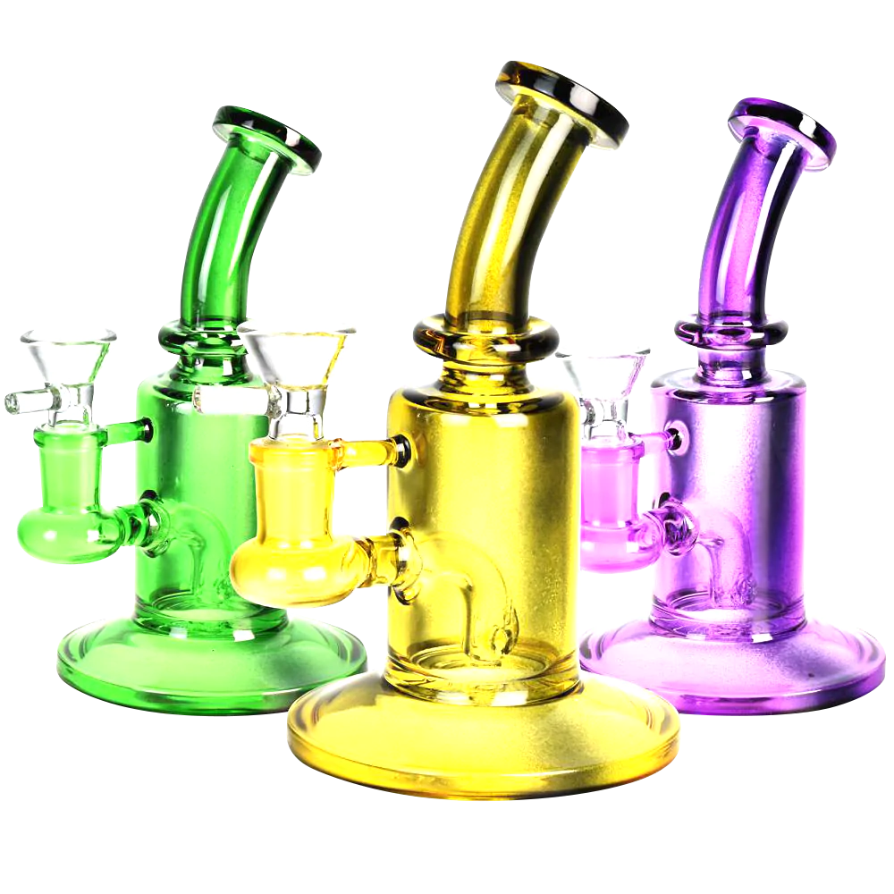 Neon-colored Lollipop Glass Mini Water Pipes with Bent Necks, 6" height, angled view