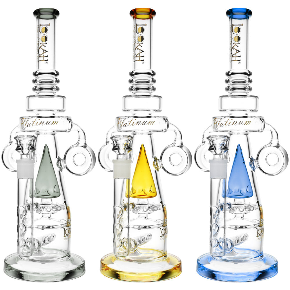 Lookah Glass Illuminate Water Pipes in green, yellow, and blue variants, front view on white background