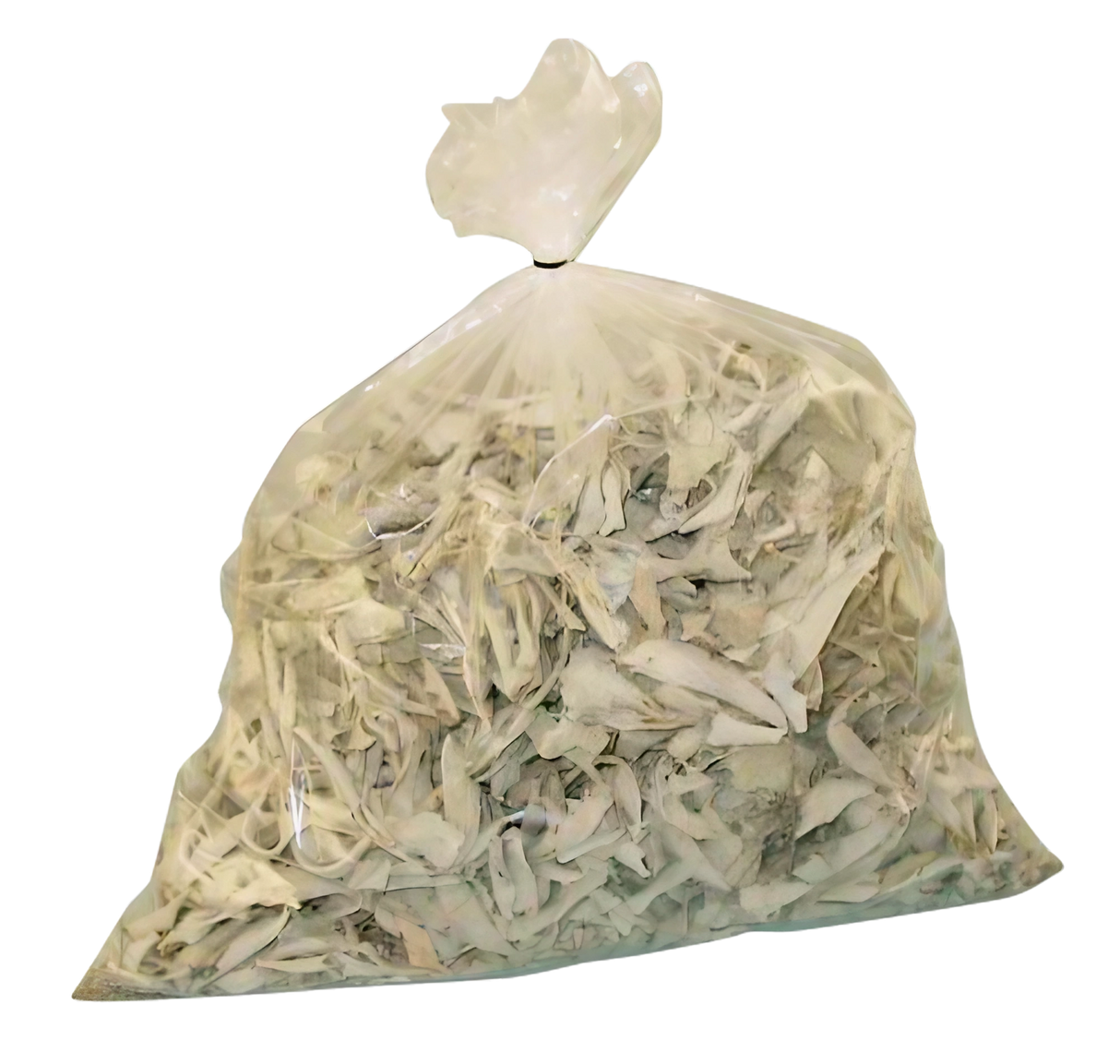 1lb bag of loose natural sage, transparent packaging, front view, ideal for home incense use