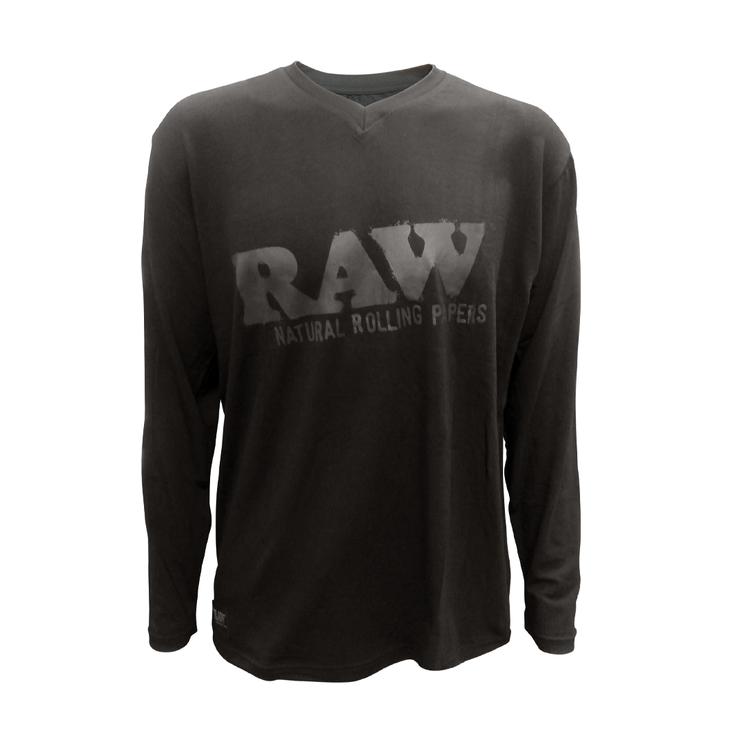 RAW Long Sleeve Black Shirt with V-Neck, Iconic Logo, Front View on White Background