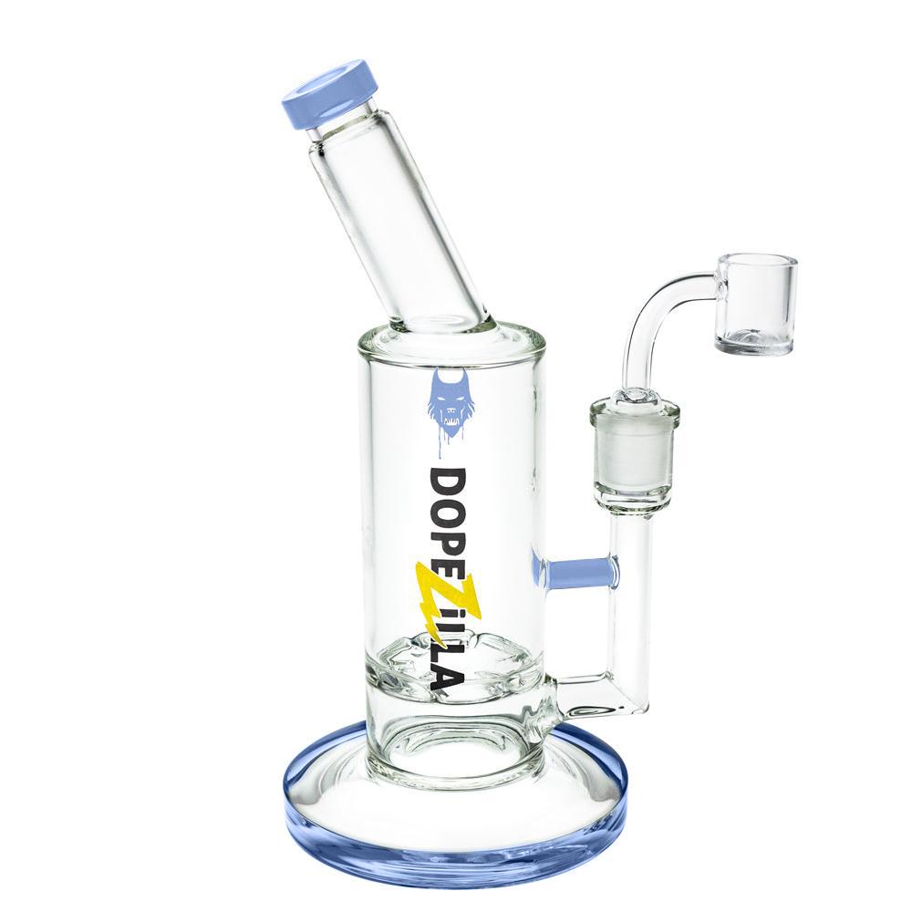 Lycan Turbine Perc Dab Rig by Dopezilla, 9" tall with blue accents, front view on white background