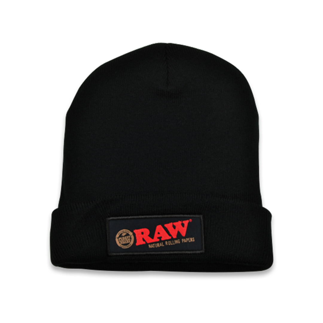 RAW Branded Black Beanie Hat Front View with Classic Logo, Soft Cotton Material