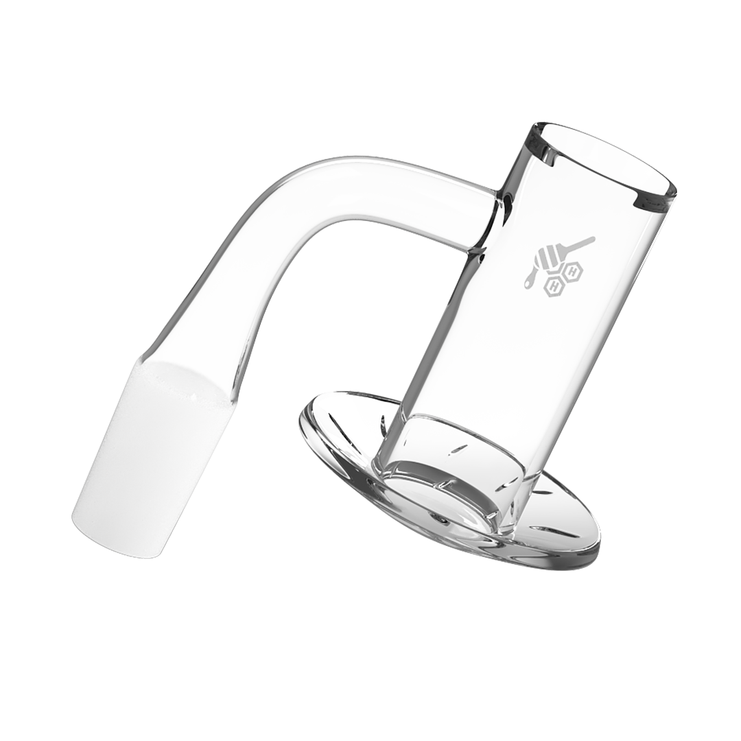 Honeybee Herb Yellow Line Quartz Banger, Clear, 90 Degree Joint Angle, Side View