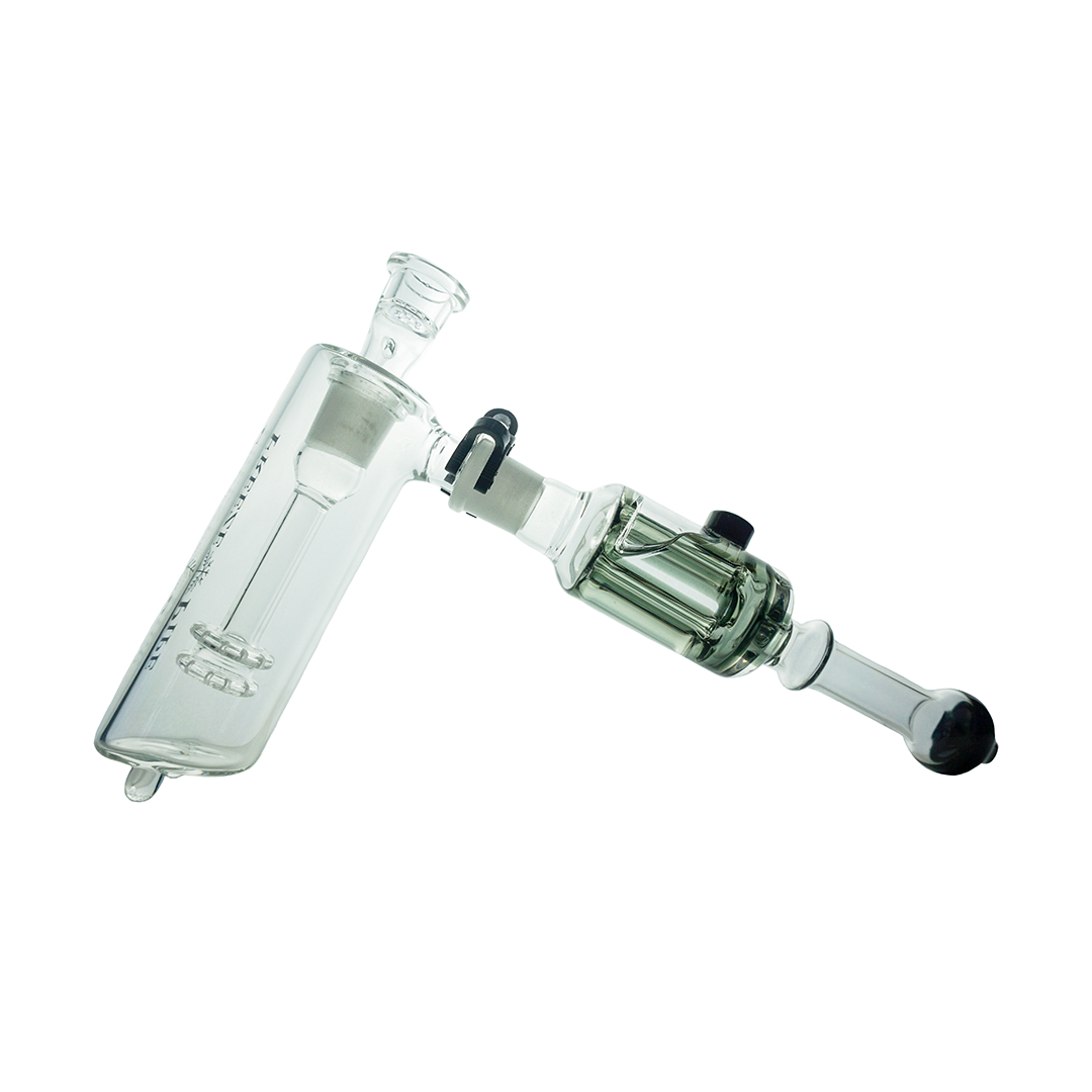 Freeze Pipe Hammer Bubbler with glycerin chamber and angled mouthpiece, isolated on white