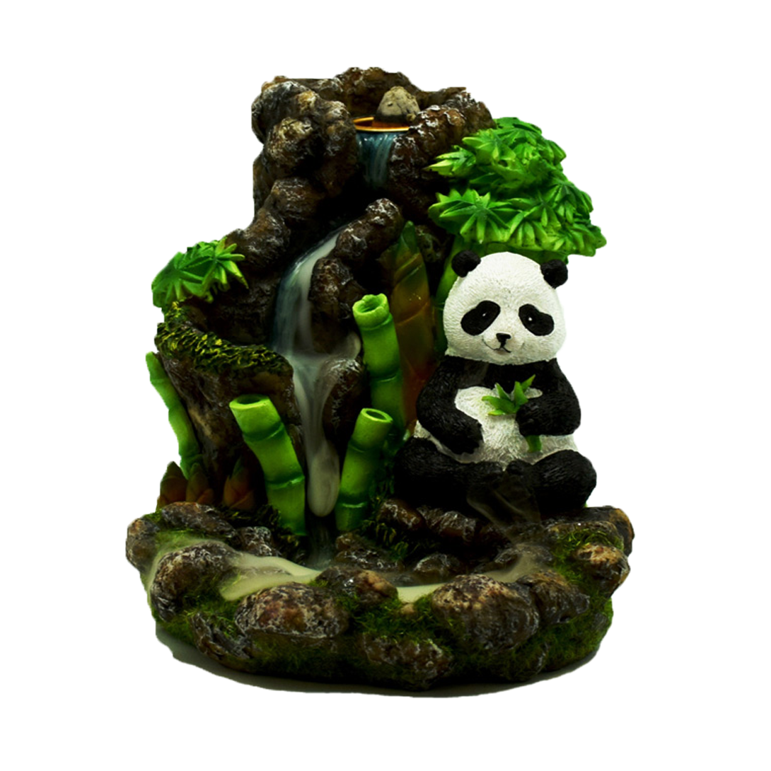 Fantasy Enchanted Backflow Incense Burner featuring a Panda amid a waterfall - Front View