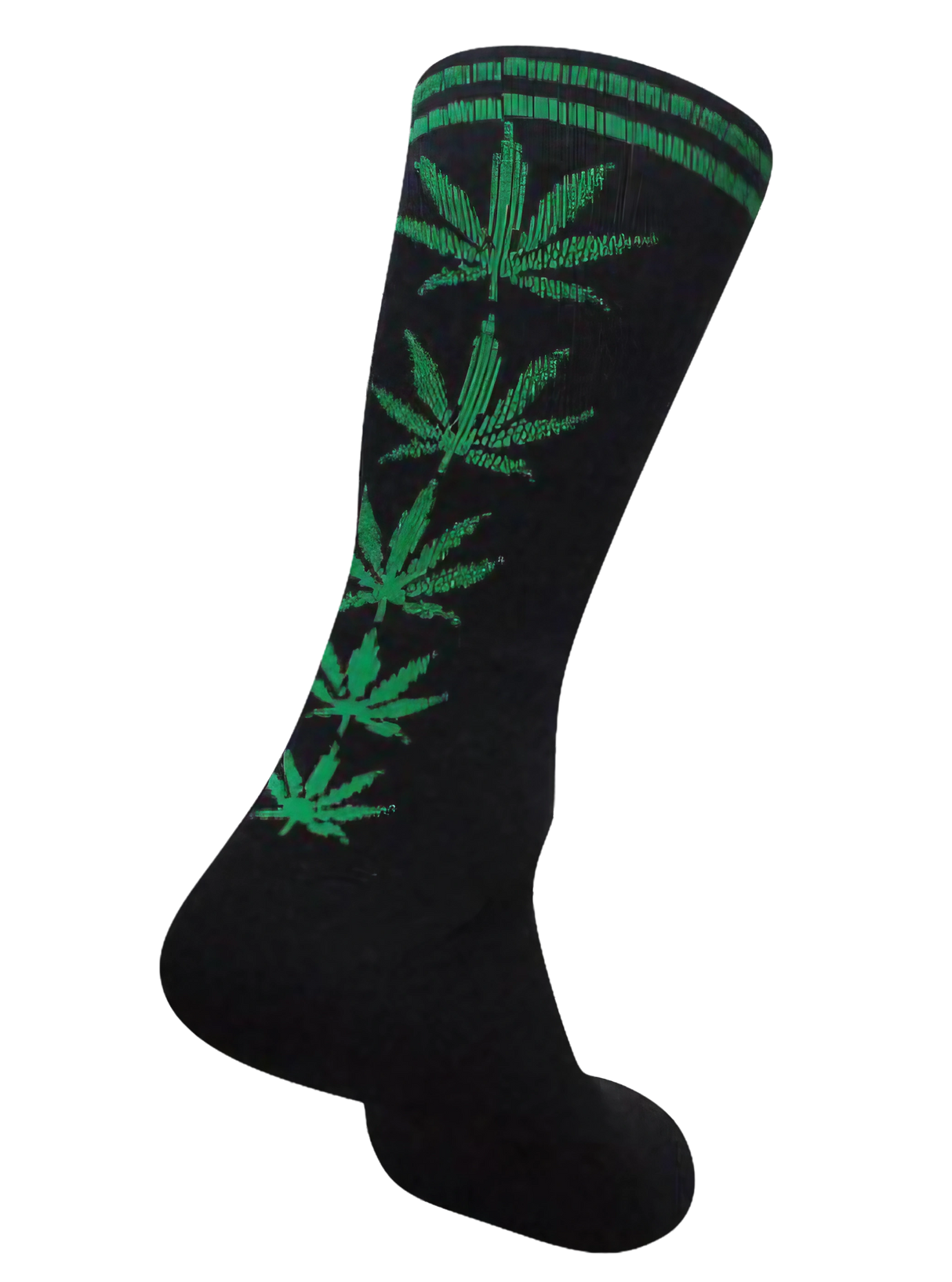 Mad Toro Socks featuring green cannabis leaf design, made with comfortable polyester-spandex blend