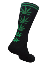 Mad Toro Socks featuring green cannabis leaf design, made with comfortable polyester-spandex blend