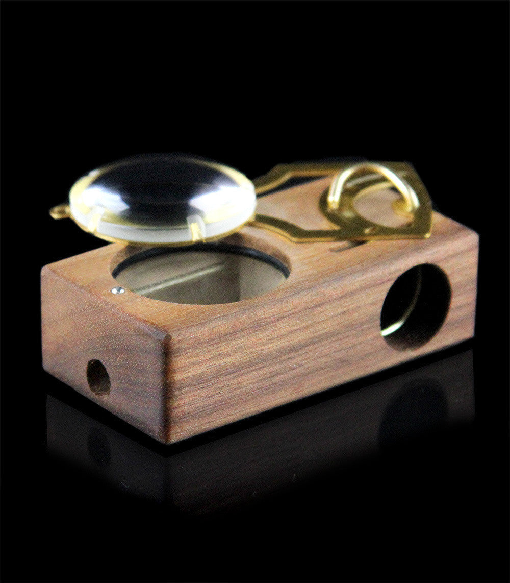 Magic Flight Launch Box Monocle Edition in Walnut, Portable Wood Vaporizer with Glass Lens - Side View