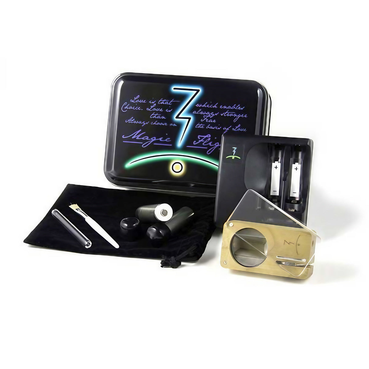 Magic Flight Launch Box Vaporizer kit with batteries and charger, front view on white background